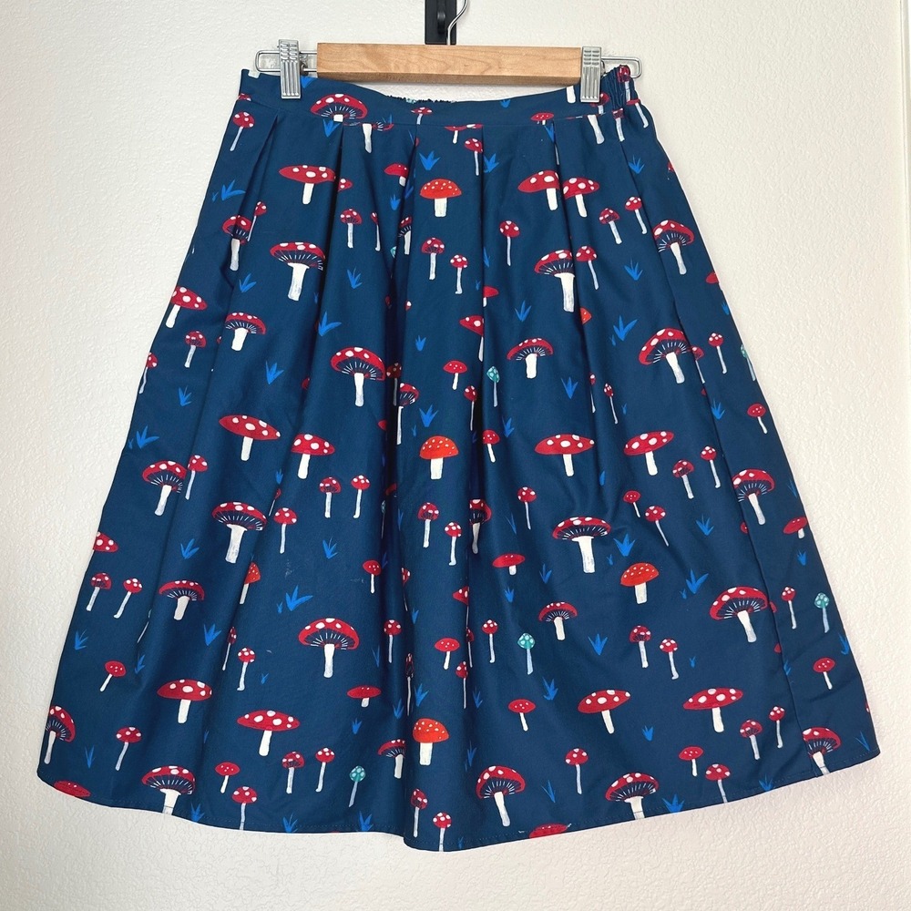 Unique Vintage Mushroom Print Skirt S/4 Blue Red A-Line Goblincore Whimsical